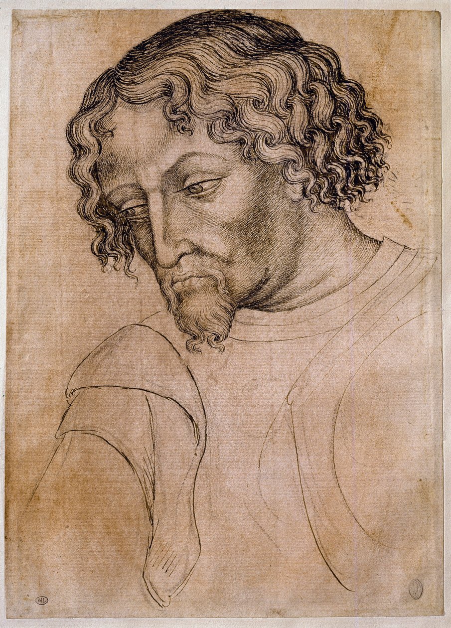 Başı dörtte üçü sola eğik, sakallı adam büstü. Antonio di Puccio Pisano dit Pisanello (1395-1455) atölyesinin çizimi. Tüy (çizim), kan. Karartma: 28x20cm. Louvre, çizim firması by Antonio Pisanello