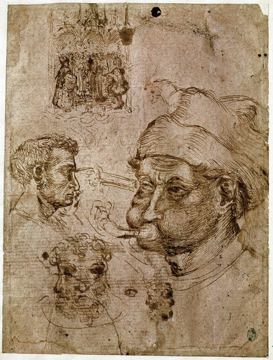 İkisinin üç yüzü olan dört erkek kafası. Bir sunak. Bir at. Antonio di Puccio Pisano dit Pisanello
