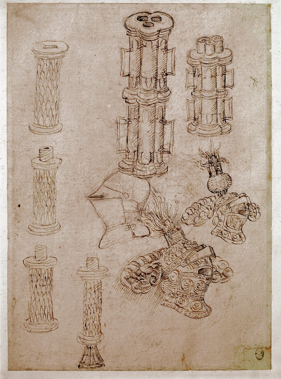 Üç adet kask ve iki adet silah söküldü. Çizim Antonio di Puccio Pisano dit Pisanello (1395-1455) Kahverengi mürekkep, siyah taş, tüy. Karartma: 28,7x20,6cm. Louvre, çizim firması by Antonio Pisanello
