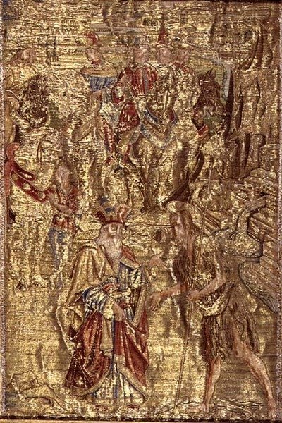 Vaftizci Yahya ile Baş Rahip Arasındaki Buluşma, azizin hayatından sahneleri betimleyen goblen (tekstil) by Antonio Pollaiuolo