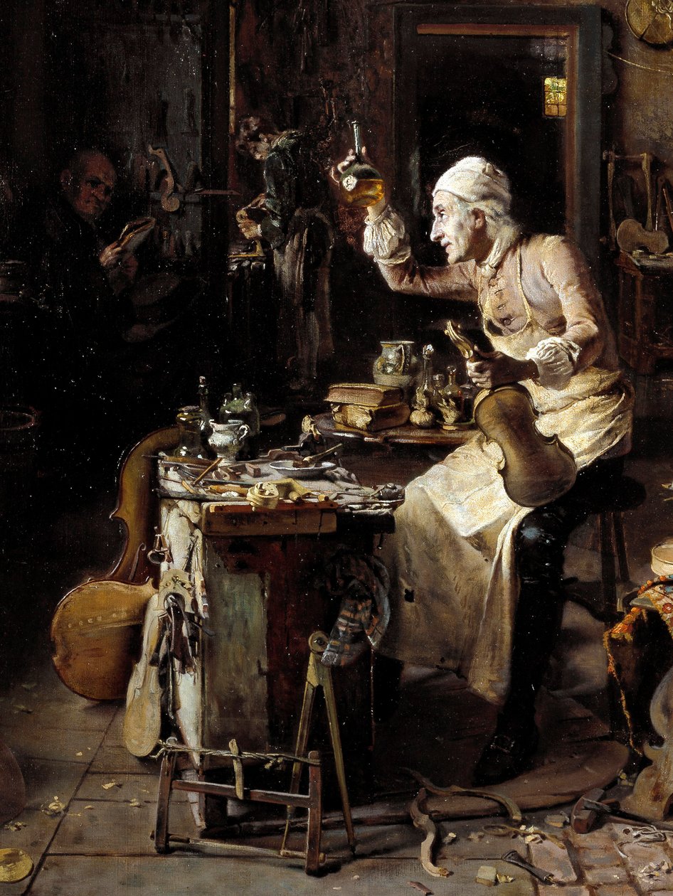 Detay: “” İtalyan luthier Stradivarius (Antonio Stradivari) (1644-1737) atölyesinde”” Tablosu Antonio Rinaldi (19. yüzyıl) 1886 Cremone, Museo Civico by Antonio Rinaldi