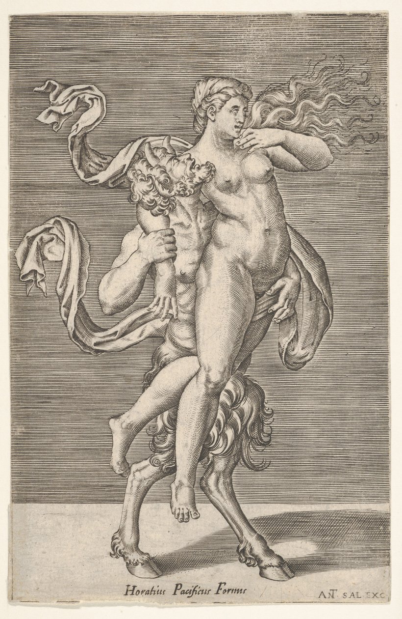 Sağ kolu satirin boynuna dolanmış bir periyi taşıyan Satyr, ..., ca. 1505-62. by Antonio Salamanca