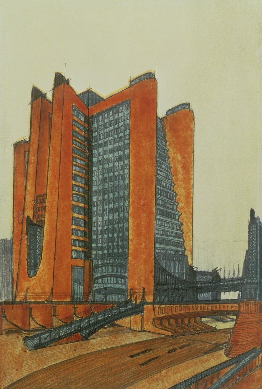 La Citta Nuova, 1913 (kağıt üzerine mürekkep, kurşun kalem ve tuvalet) by Antonio SantElia