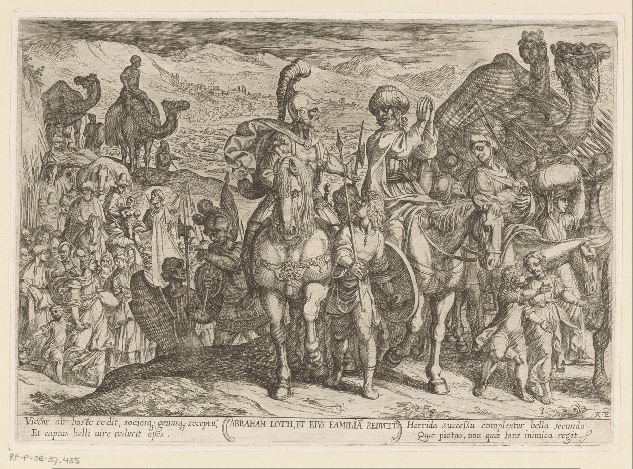 İbrahim, Lut ve ailesini kendi ülkesine götürür Abraham Loth, et familia reducit (nesne üzerindeki başlık) Eski Ahit savaş sahneleri (dizi adı) by Antonio Tempesta