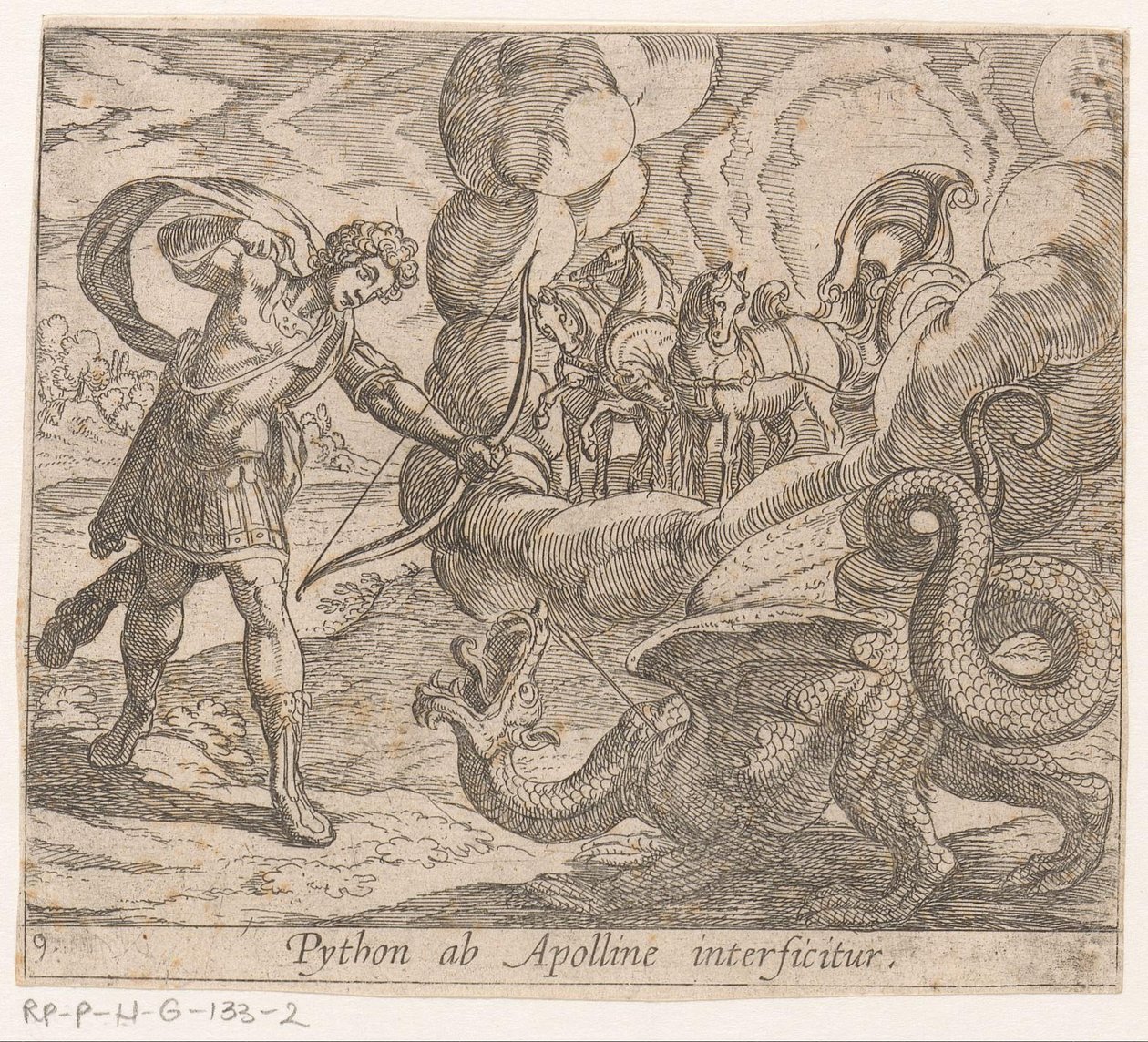 Apollo karalama Python Python, Apollo tarafından öldürüldü (nesnedeki başlık) Metamorfozlar veya dönüşümler (dizi başlığı) Metamorfozlar van Ovidius (dizi başlığı) by Antonio Tempesta