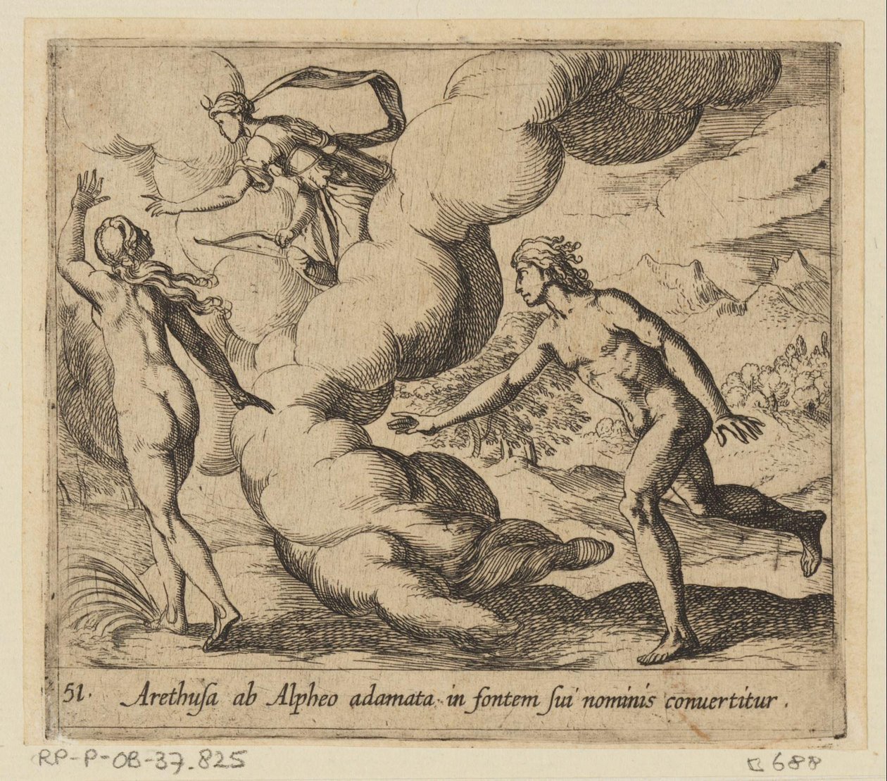 Arethusa wordt achtervolgd kapı Alpheüs Alpheus tarafından sevilen Arethusa, adının kaynağına dönüştürülür (nesne üzerindeki başlık) Metamorfozlar veya dönüşümler (dizi başlığı) Metamorfozlar van Ovidius (dizi başlığı) by Antonio Tempesta