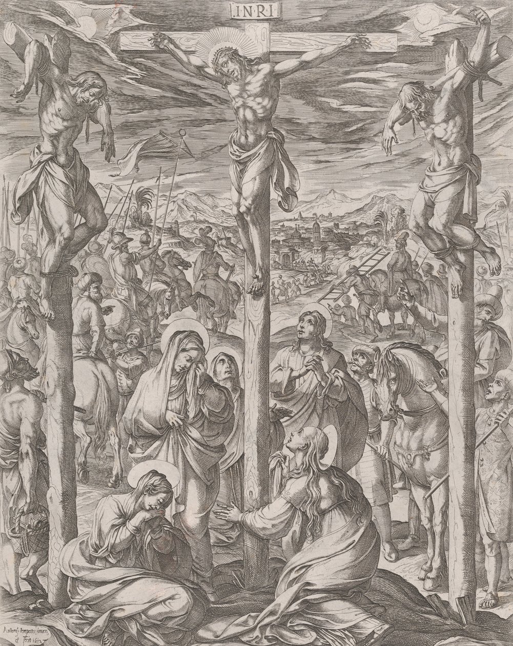 İki hırsız arasında çarmıha gerilmiş İsa, çarmıha gerilmiş üç Meryem, 1612. by Antonio Tempesta