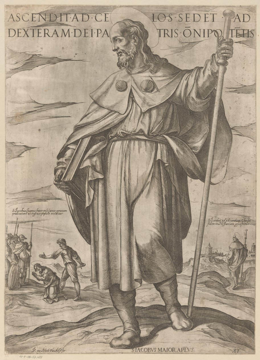 Heilige'den cennete yükselen Jakobus de Meerdere, onipotes'in babasının sağında oturur (nesne üzerindeki başlık) Mesih, Mary en de apostelen (dizi başlığı) by Antonio Tempesta