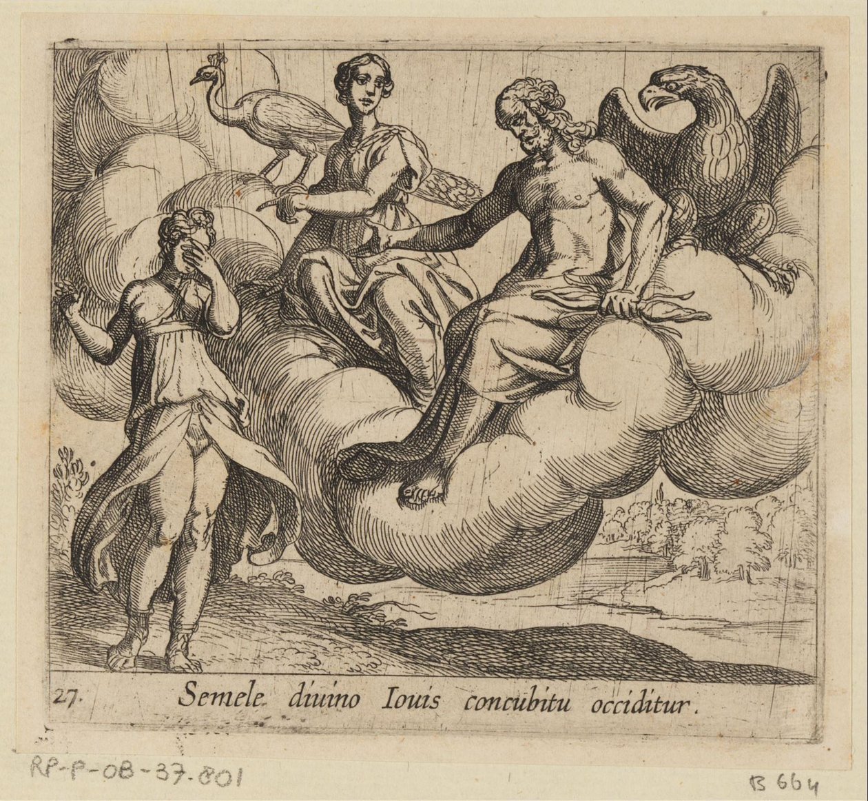 Wens van Semele, Jüpiter'in ilahi ilişkisi tarafından öldürüldü (nesne üzerindeki başlık) Metamorfozlar veya dönüşümler (dizi başlığı) Metamorphoses van Ovidius (dizi başlığı) by Antonio Tempesta