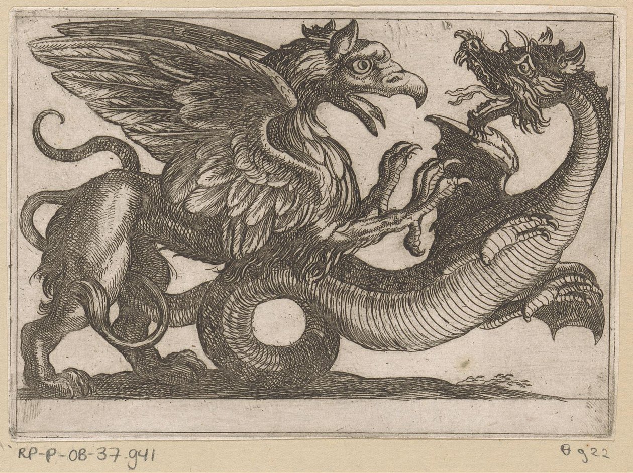 Savaşta Ejderha ve Griffin Dövüşen hayvanlar (dizi başlığı) by Antonio Tempesta