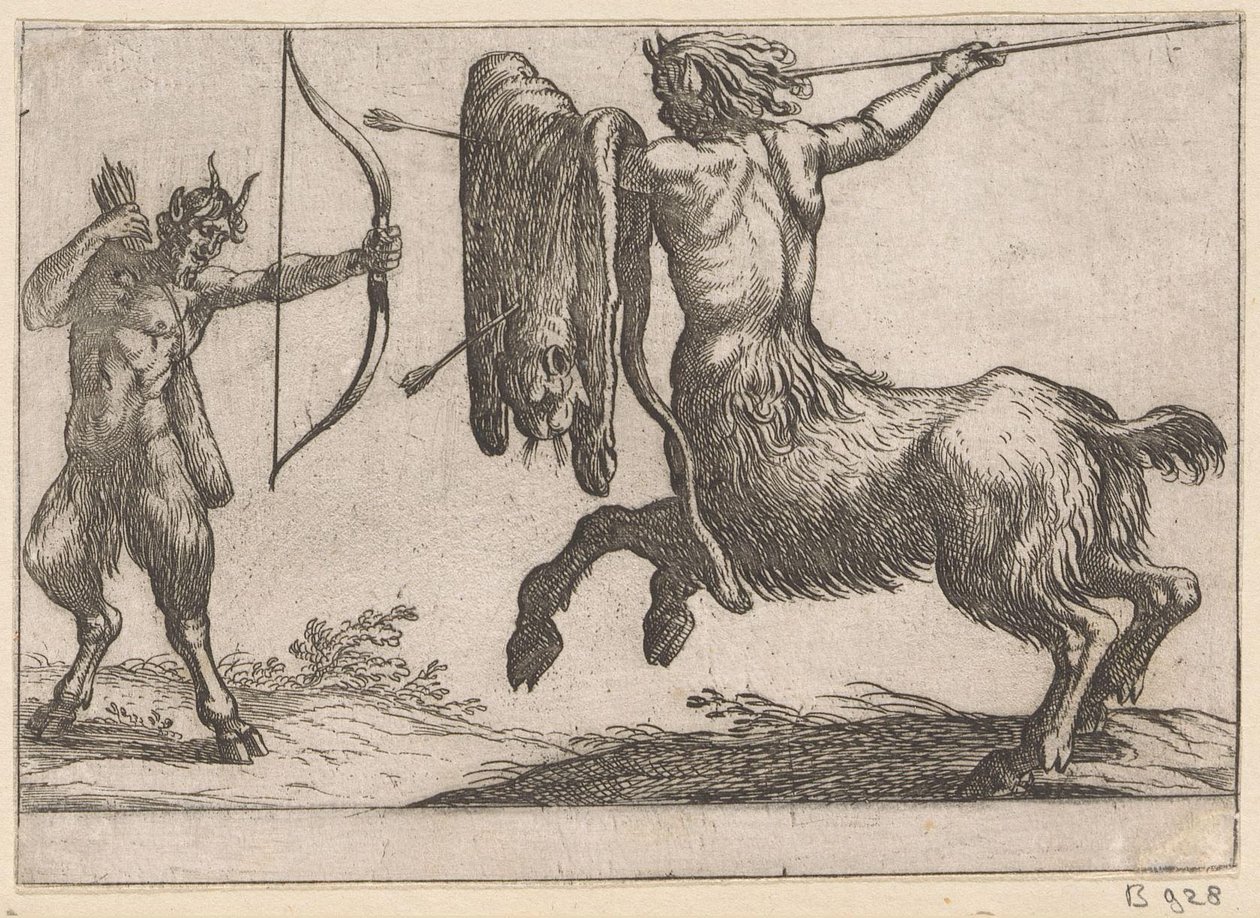 Bir satire saldıran bir centaur Dövüşen hayvanlar (dizi başlığı) by Antonio Tempesta
