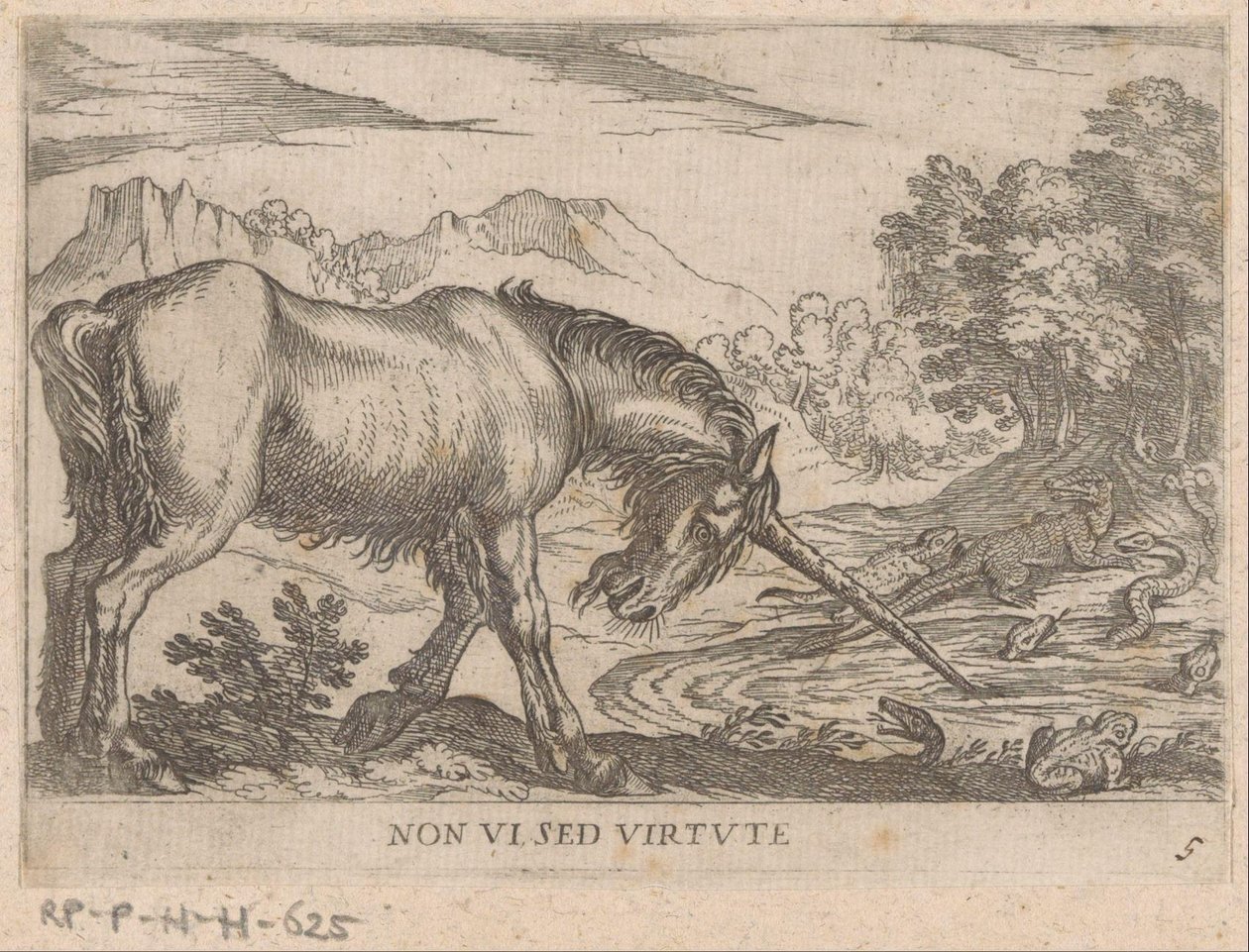 Tek boynuzlu at kertenkeleleri göletten kovalıyor Vizyonsuz erdem (nesne üzerindeki başlık) Dövüşen hayvanlar (dizi başlığı) by Antonio Tempesta