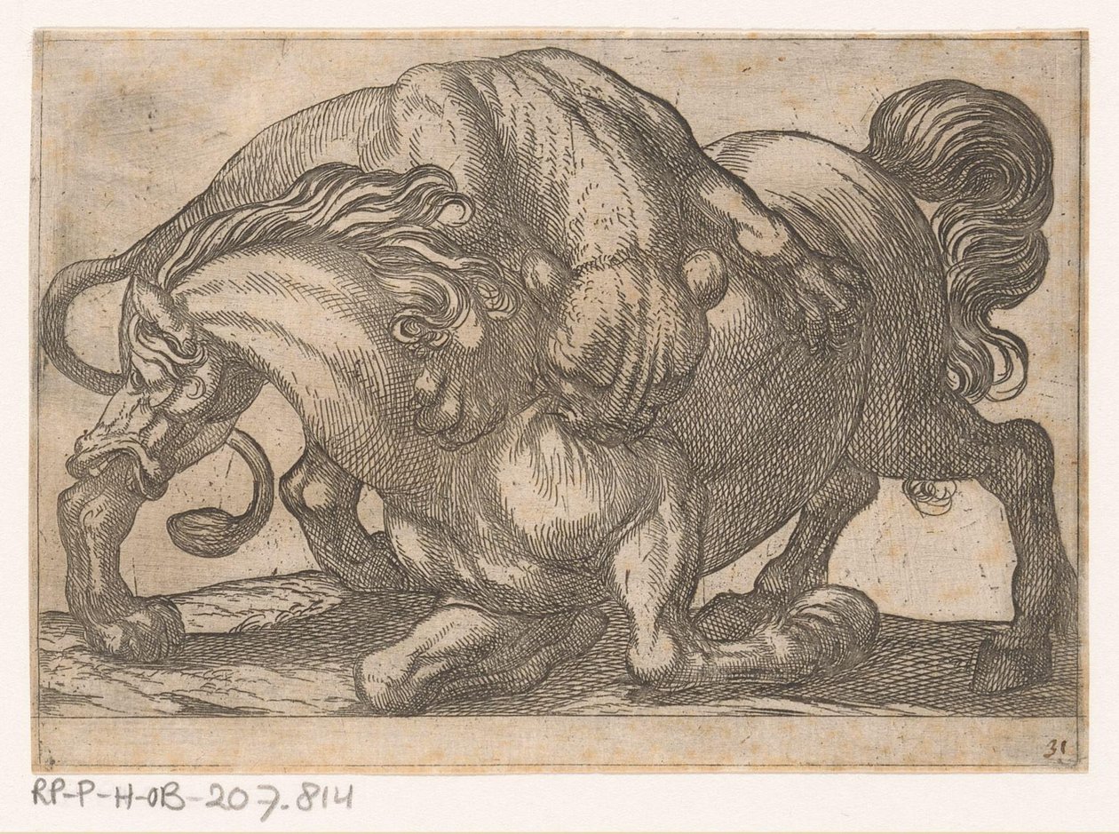 Bir ata saldıran bir dişi aslan Dövüşen hayvanlar (dizi başlığı) by Antonio Tempesta