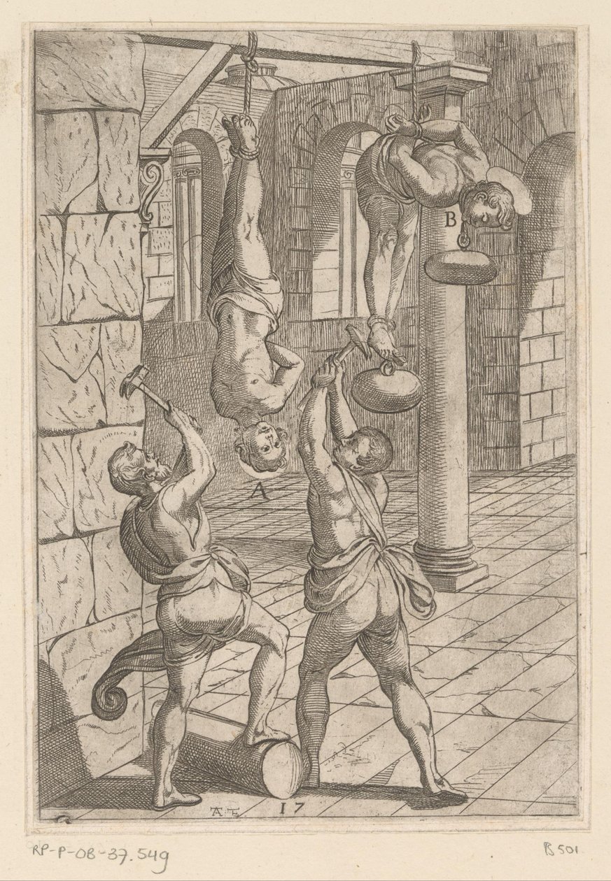 Asılırken çekiçle işkence Hıristiyan şehitlerin maruz kaldığı işkenceler (dizi adı) Varia tormentorum et supplicioru rawlium (...) (seri başlığı) by Antonio Tempesta