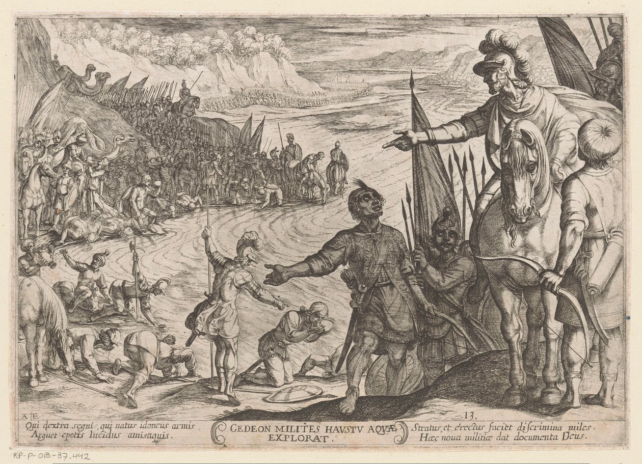 Gideon askerlerini seçiyor Gedeon milites haustu aquae explorat (nesne üzerine başlık) Eski Ahit savaş sahneleri (dizi başlığı) by Antonio Tempesta