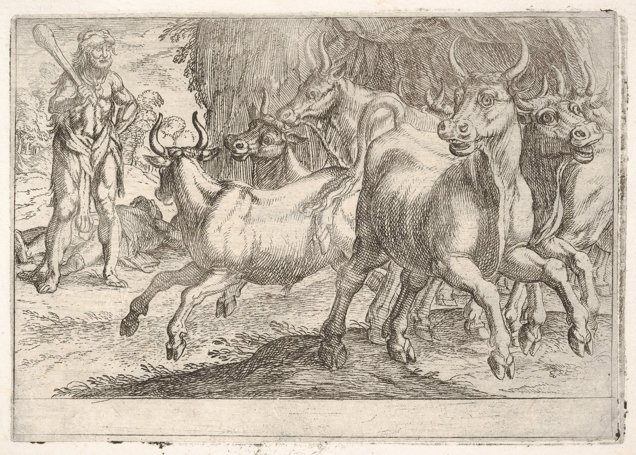 Herkül ve Geryones Öküzleri: Sağ eliyle kaldırdığı bir sopayla Herkül yüzleşir..., 1608. by Antonio Tempesta