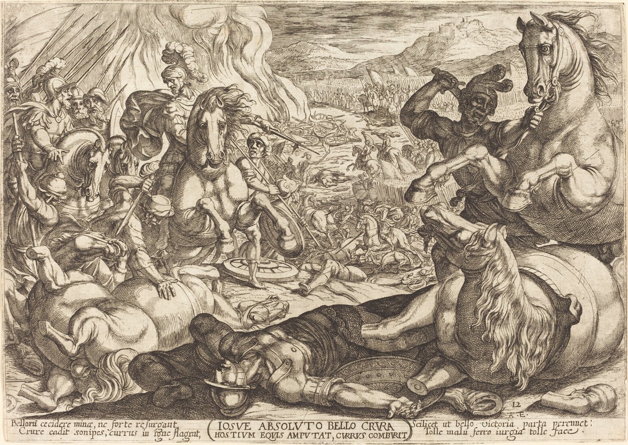 Joshua, Arabaları Yaktırdı ve Düşmanlarının Bacaklarını Kesti by Antonio Tempesta