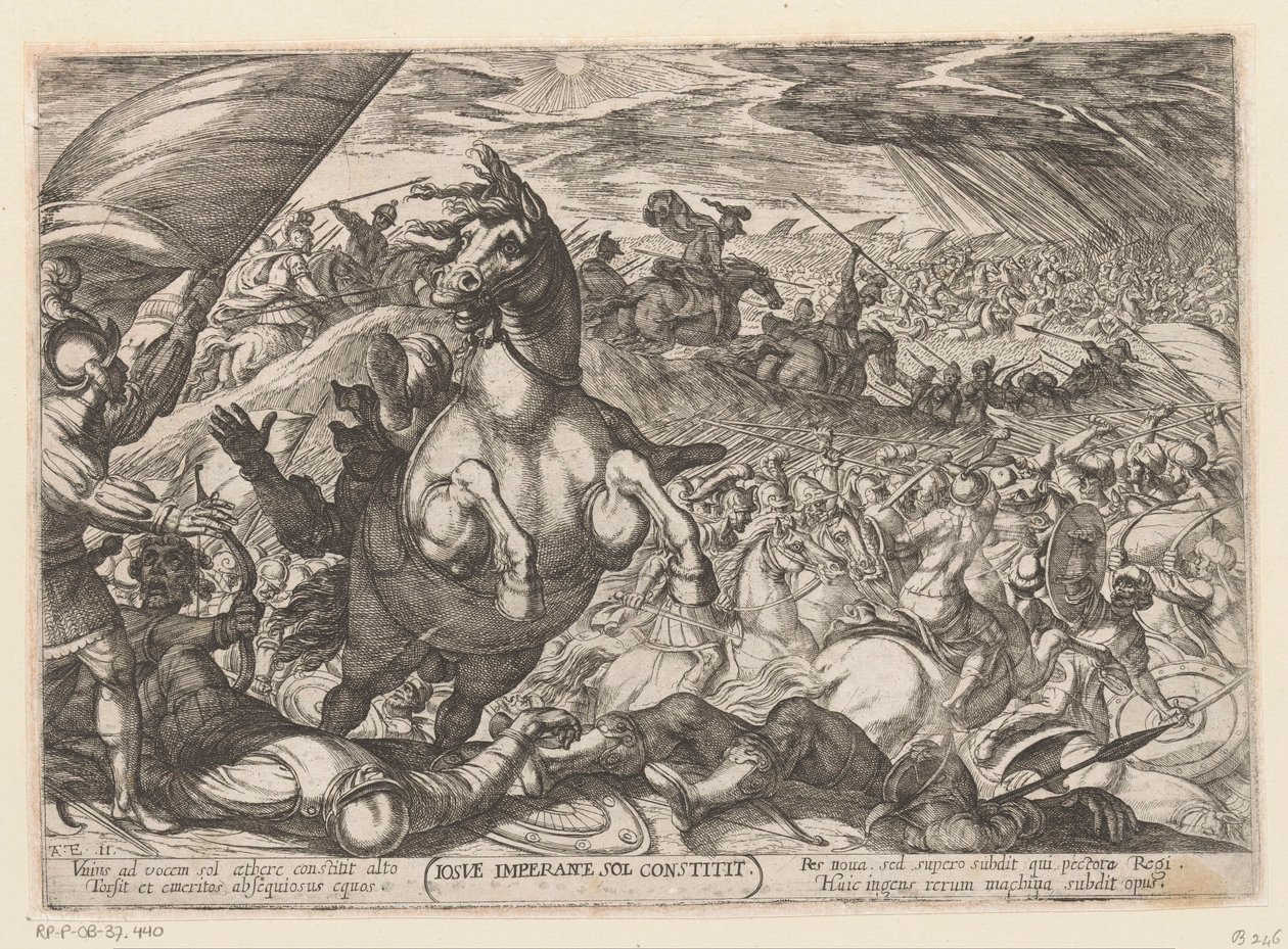 Joshua güneşe durmasını emrediyor Iosue imperante sol constitit (nesne üzerindeki başlık) Eski Ahit savaş sahneleri (dizi adı) by Antonio Tempesta