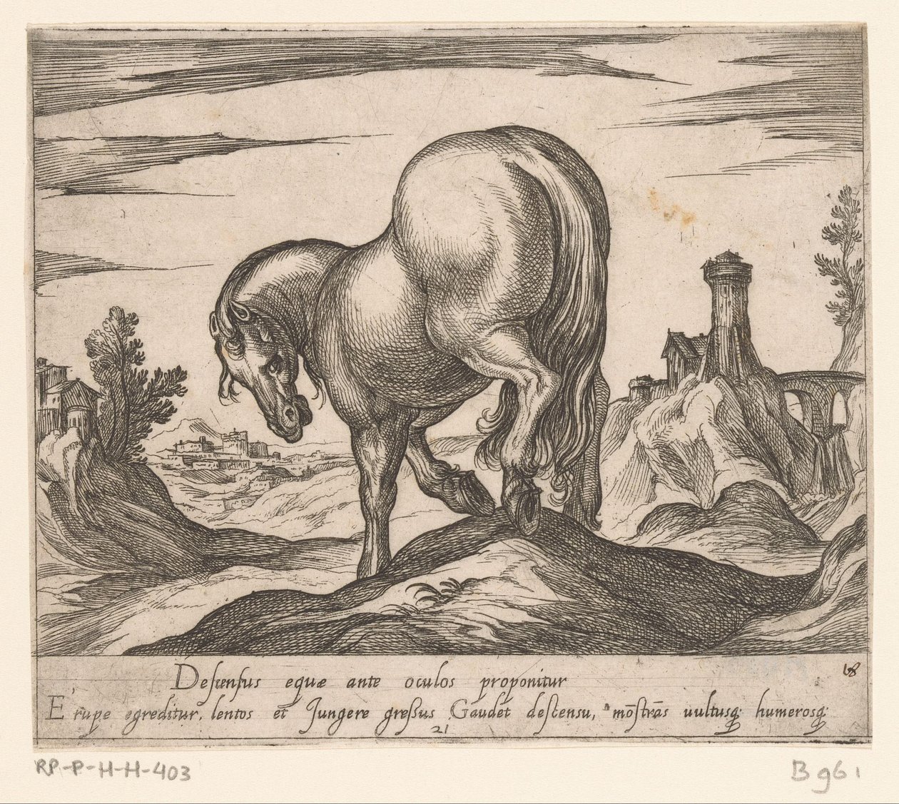 Tepeden inen at, arkasından görülen farklı ülkelerden atlar (dizi adı) Ducibus princeps celebraberis ore viroru illa homines'i yendi haec sideribusq locat (dizi adı) by Antonio Tempesta