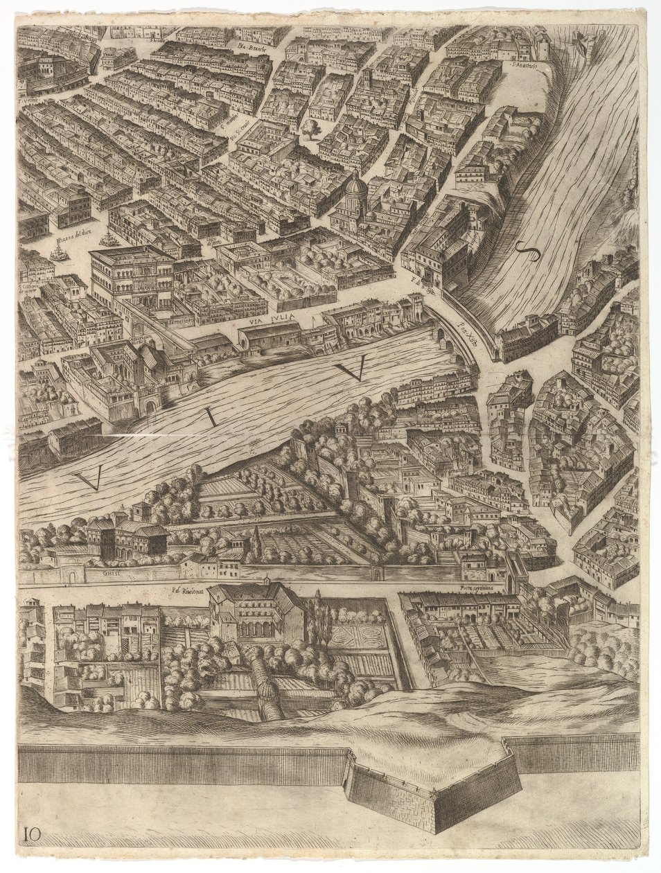Roma Şehir Planı. Tiber ve Villa Farnesina, 1645 ile Bölüm 10. by Antonio Tempesta
