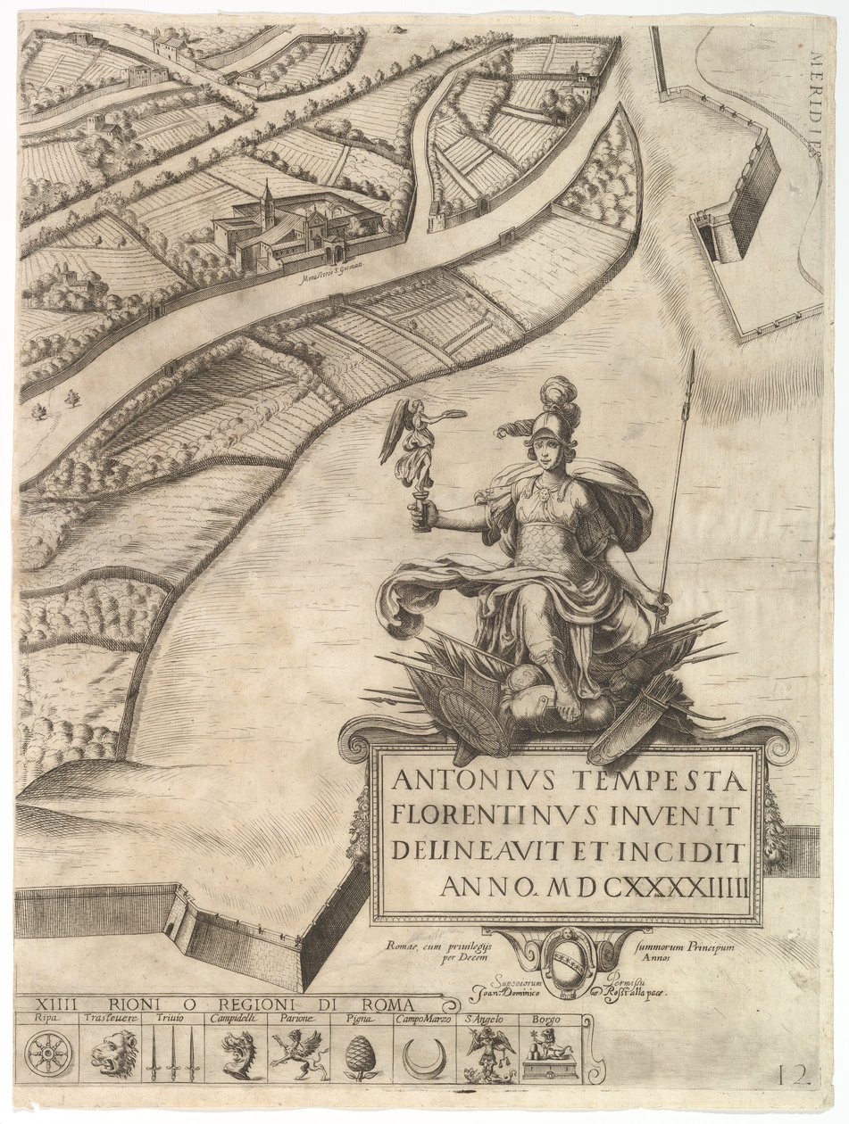Roma Şehir Planı. Şehrin Güneybatı Sınırı ve Büyük Bir Araba ile Bölüm 12..., 1645. by Antonio Tempesta