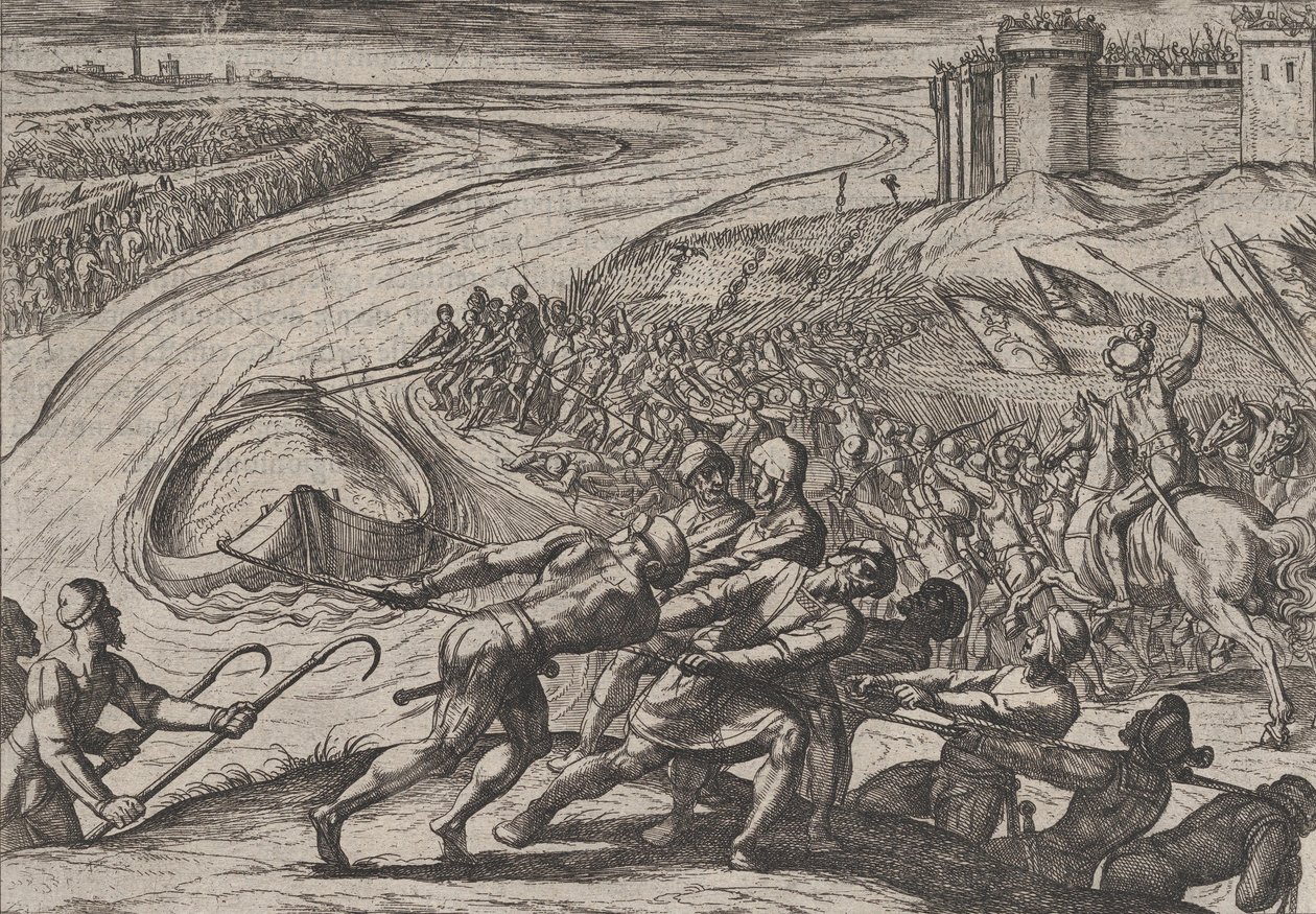 Levha 12: Tahıl Dolu Bir Geminin Kıyıya Çekilmesi, Romalıların Savaşa Karşı ..., 1611. by Antonio Tempesta