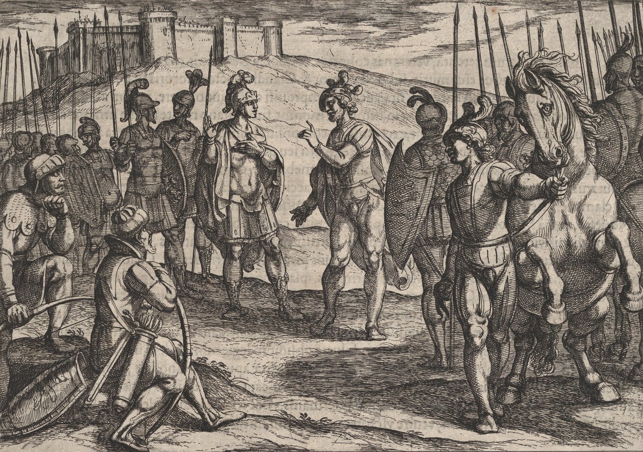Levha 15: Romalıların Savaşa Karşı Savaşından Romalı Komutanla Muamele Eden Civilis ..., 1611. by Antonio Tempesta