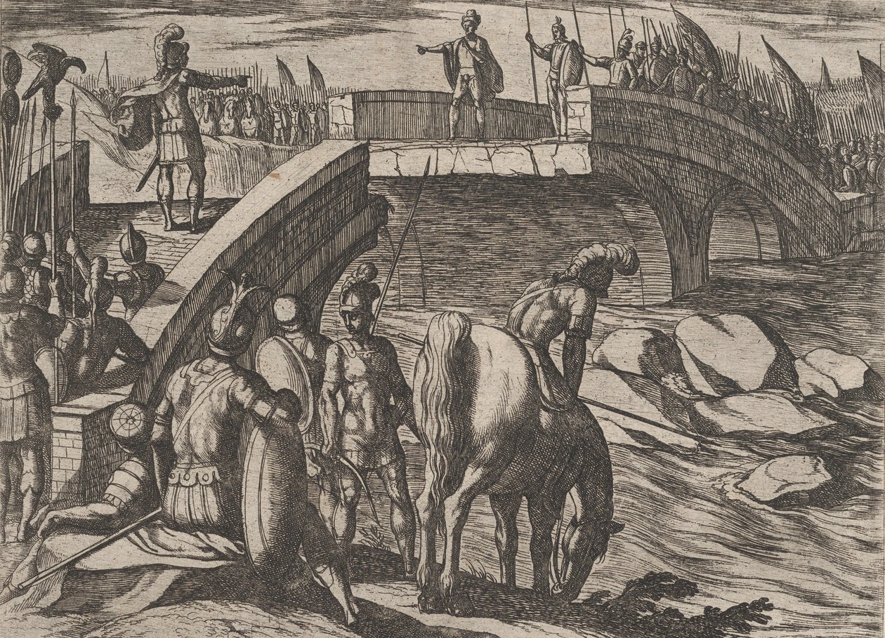 Levha 36: Civilis ve Cerialis Anlaşmaya Varmak İçin Kırık Bir Köprüde Buluşuyor, The War of..., 1611. by Antonio Tempesta
