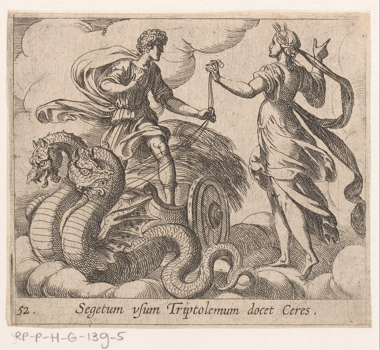 Triptolemus ontvangt de waven van Ceres Ceres (nesne üzerindeki başlık) Metamorfozlar veya dönüşümler (dizi başlığı) Metamorfozlar van Ovidius (dizi başlığı) by Antonio Tempesta
