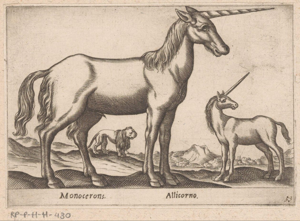 İki tek boynuzlu at ve bir aslan Monocerons/ Allicorno (nesne üzerindeki başlık) Hayvanlar ve efsanevi yaratıklar (dizi adı) Nova raccolta de li animali piu curiosi del mondo (dizi başlığı) by Antonio Tempesta