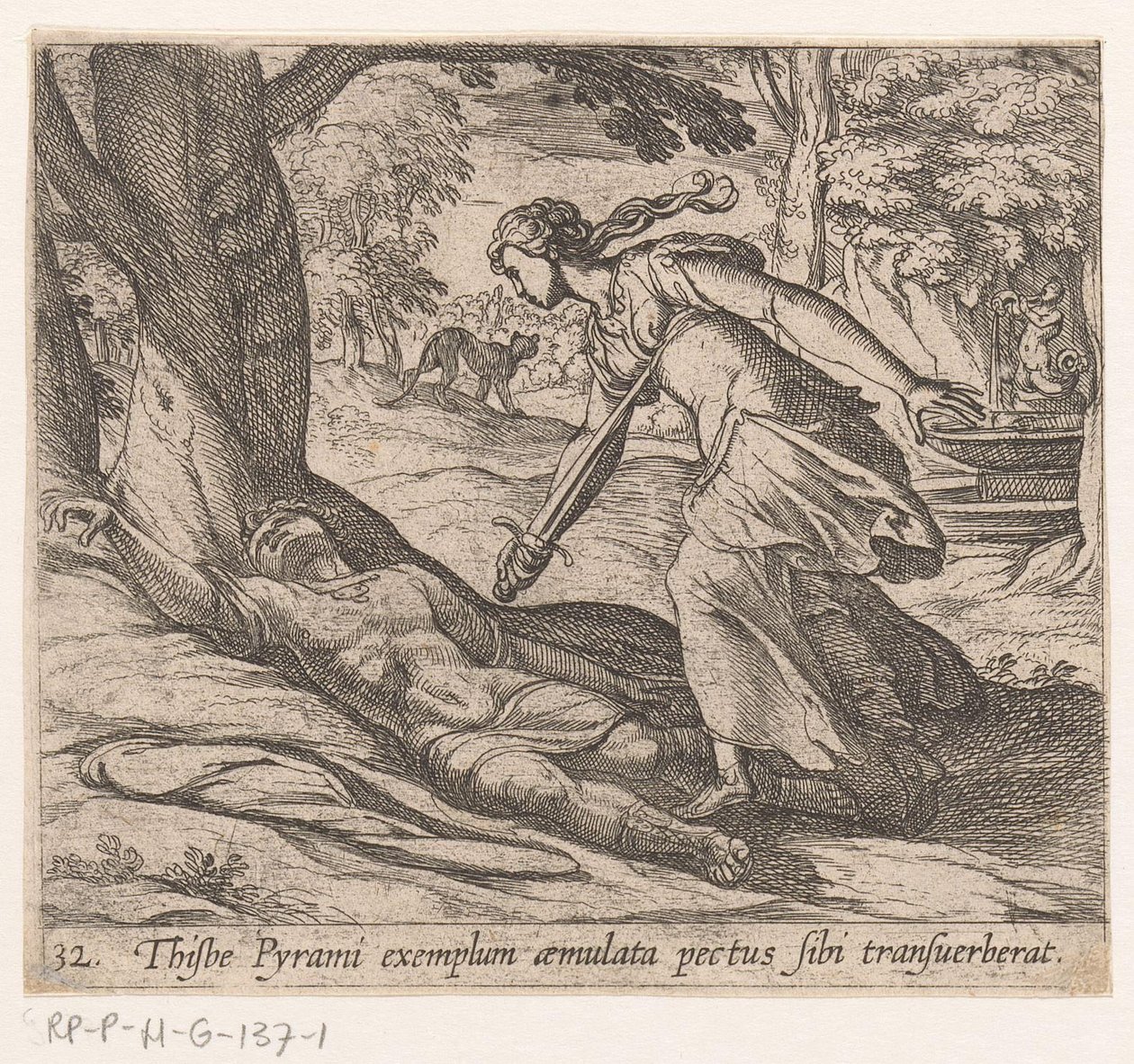 Zelfmoord van Thisbe Thijsbe, örnek olarak taklit edilmiş bir Pyramus'un göğsünü deldi (nesne üzerindeki başlık) Metamorfozlar veya dönüşümler (dizi başlığı) Metamorphoses van Ovidius (dizi başlığı) by Antonio Tempesta