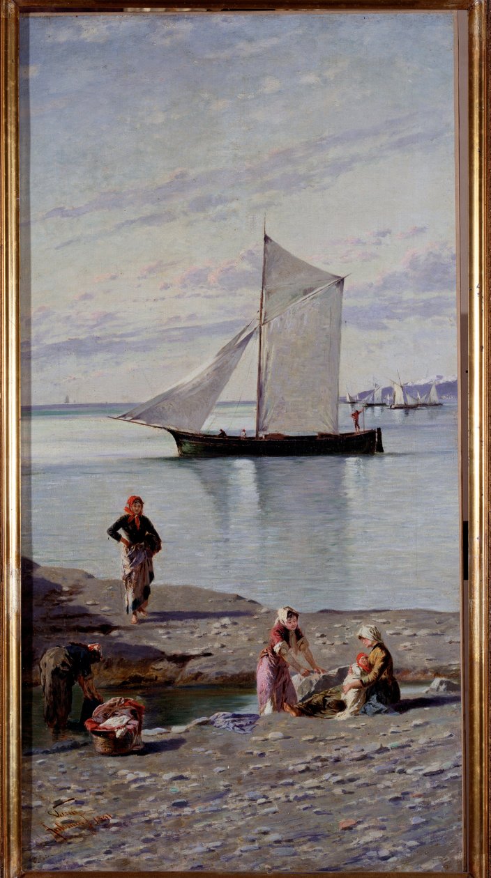 Genes yakınlarındaki Bisagno Nehri kıyısındaki Lavandieres, İtalya Resim Antonio Varni (1841-1908) 1891 Genes, Galleria d