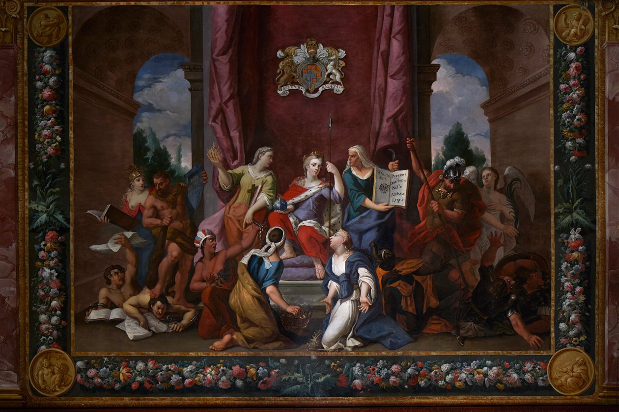 Queen Anne, dünyanın dört bir yanından saygı duruşunda bulunan The Queen's Drawing Room by Antonio Verrio