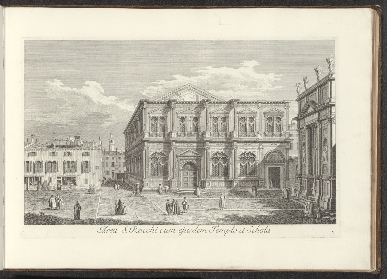 Aynı tapınak ve okula sahip S. Rocchi'nin Gezicht op Campo San Rocco te Venetië Bölgesi (nesne üzerindeki başlık) Venedik'teki Gezichten op gebouwen en pleinen (dizi başlığı) by Antonio Visentini