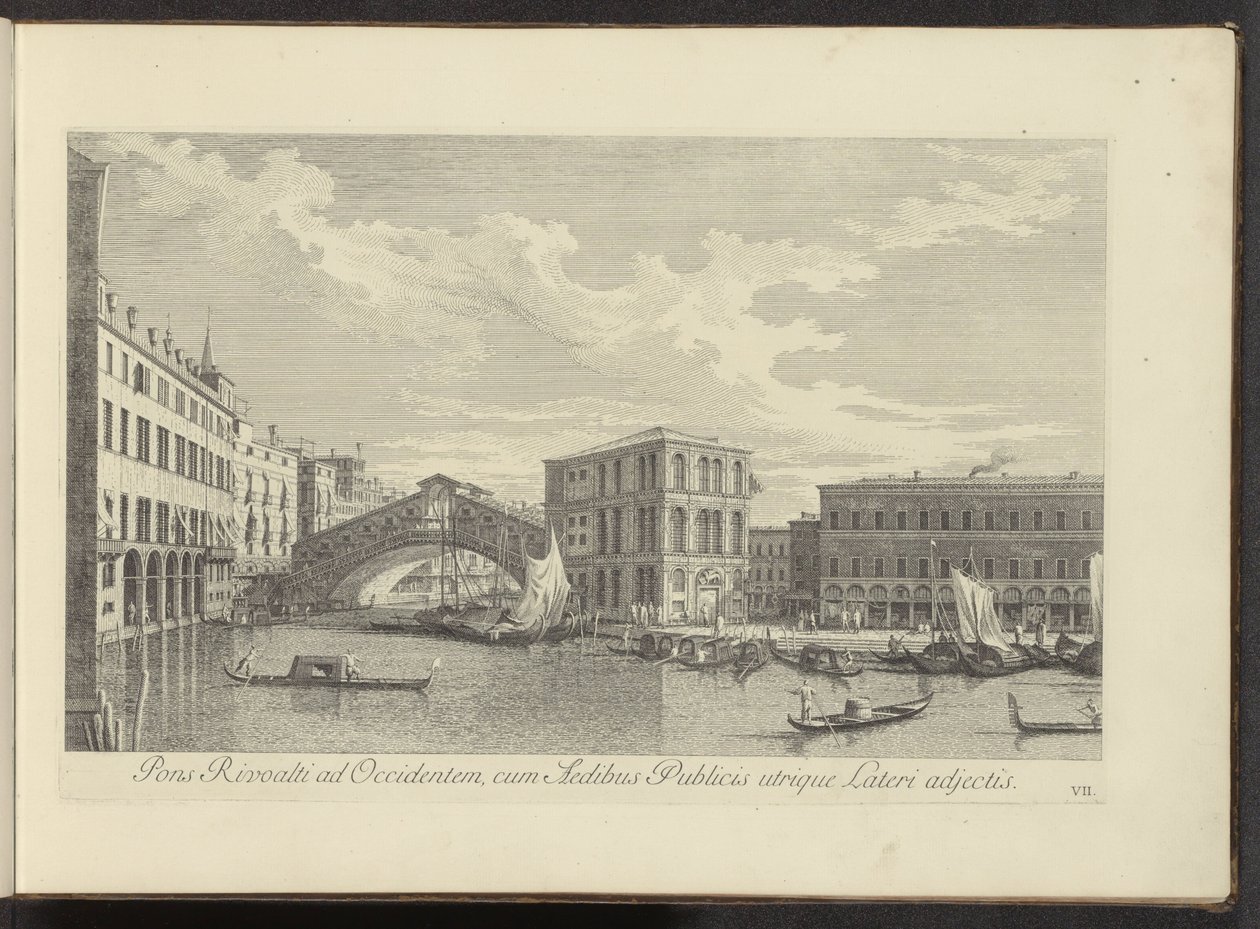 Gezicht op het Canal Grande, Palazzo dei Camerlenghi en de Rialtobrug te Venedik Batıda Rialto nehri üzerinde bir köprü, her iki tarafa da kamu binaları eklendi (nesnedeki başlık) Venedik şehrinin daha ünlü manzaraları by Antonio Visentini