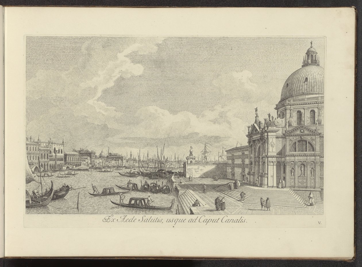Gezicht op het Canal Grande en de Santa Maria della Size selamlar Güvenlik Tapınağından Kanalın Başına (nesne üzerindeki başlık) Antonio Visentini tarafından üç parça halinde yeniden üretilen Antonio Kanalı