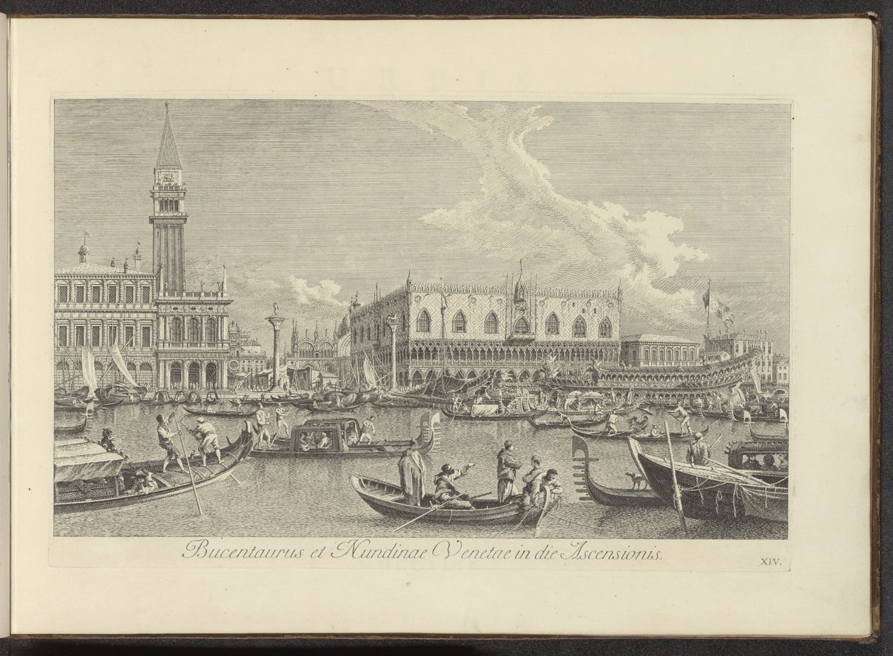 Gezint op het Canal Grande Venedik, Yükseliş gününde Bucintoro van de doge Bucentaurus ve Venedik Pazarı ile tanıştı (nesne üzerindeki başlık) Venedik şehrinin ünlü manzaraları by Antonio Visentini