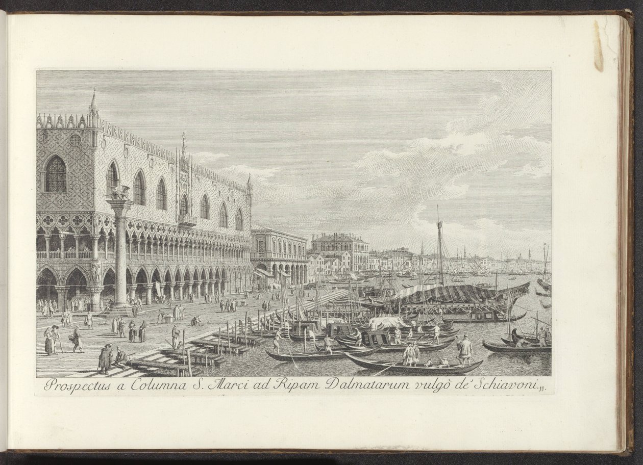 Hoek van het San Marcoplein, Dogepaleis en de zuil ile bir araya geldi, Leeuw van Venetië ile bir araya geldi Yaygın olarak Schiavoni olarak bilinen Dalmaçyalıların kıyısındaki San Marco Sütunu