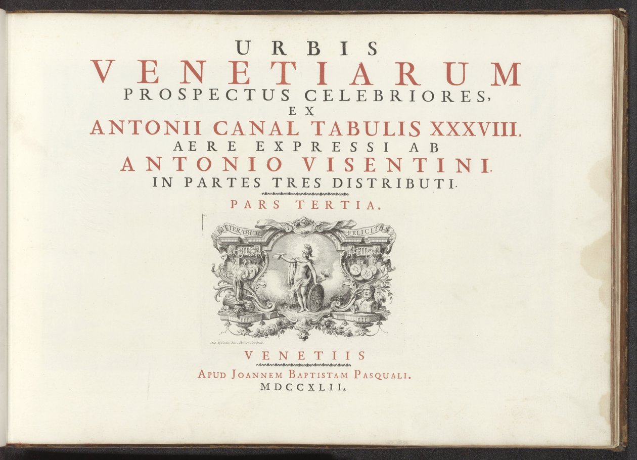 Titelpret, een naakte vrouwenfiguur ile tanıştı schild, helm en boek Antonio Vssentini tarafından yeniden üretilen Antonio Kanalı'nın 38 pirinç panelinden Venedik şehrinin daha ünlü manzaraları üç bölümde dağıtıldı. üçüncü taraf (nesne üzerinde seri ba by Antonio Visentini