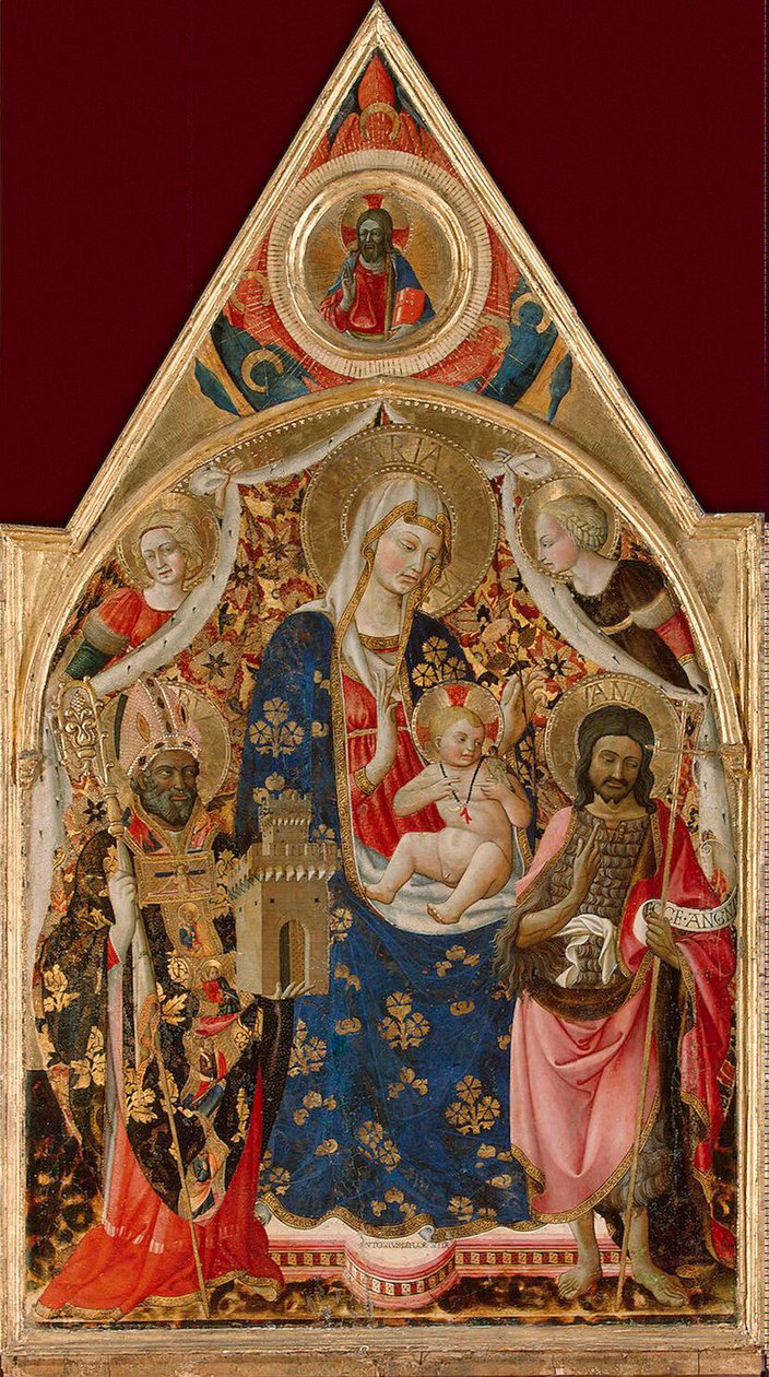 Madonna ve Çocuk, bir Piskopos, Vaftizci Yahya ve Melekler, 15. yüzyılın başlarında. by Antonio da Firenze