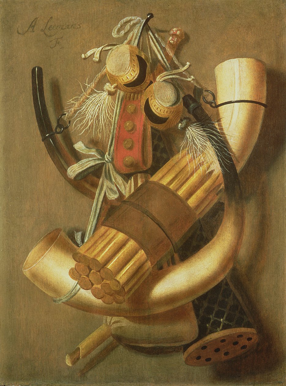 Av aksesuarlarının natürmortu (panel) by Antonius Leemans