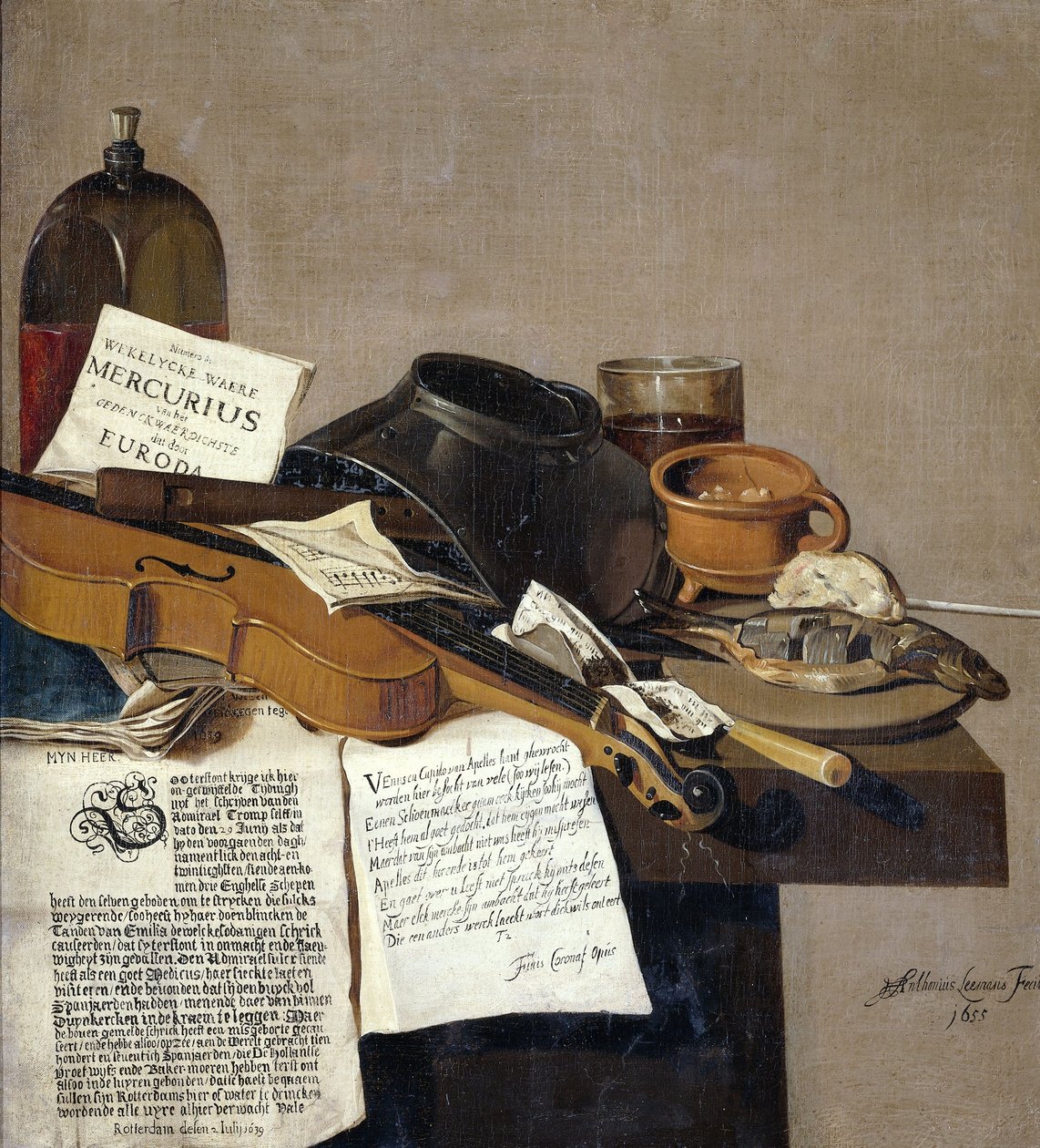 Natürmort Broşürlü Keman, Flüt, Yemek ve Broşürler by Antonius Leemans