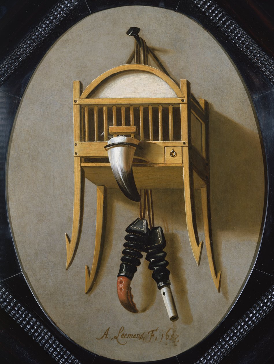 Bir kümes hayvanı kuş kafesi ve düdük ile Trompe LOeil, 17. yüzyıl by Antonius Leemans
