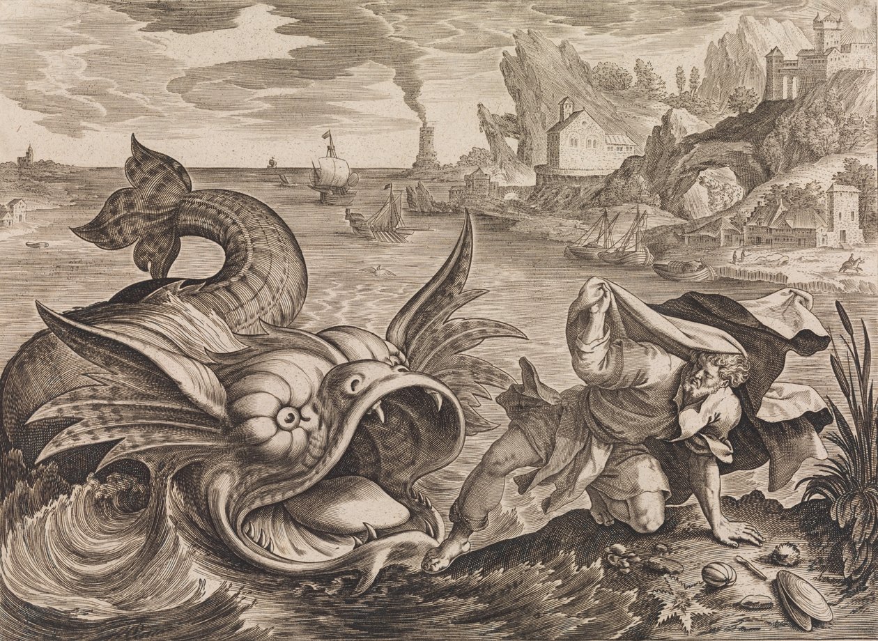 Jonah, Kıyıda Balıklar, ca. 1585 by Antonius Wierix