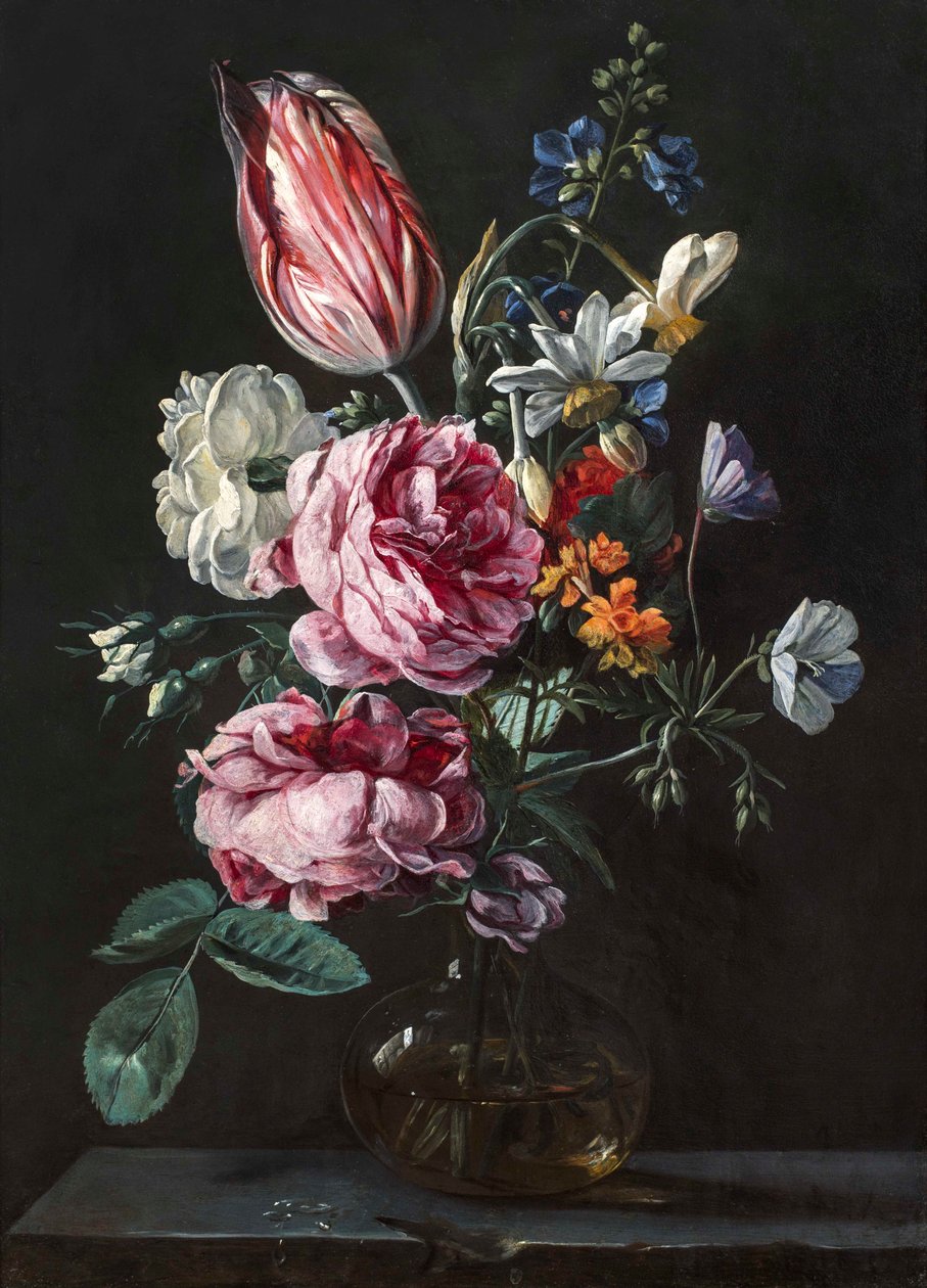 Taş Kaide Üzerinde Cam Vazoda Nergis, Papağan Lale, Gül ve Diğer Çiçeklerden Bir Buket, c.1650