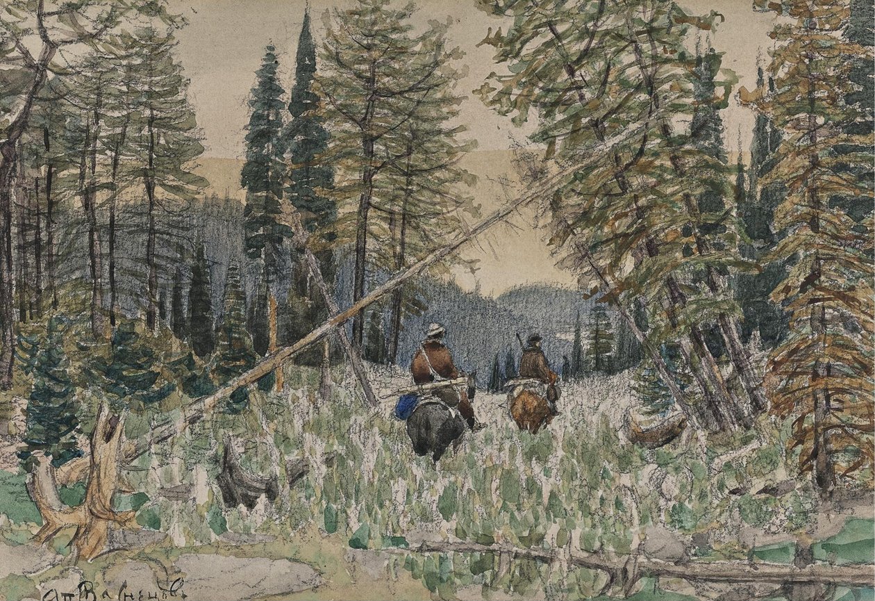 Bir çam ormanında at sırtında avcılar by Apollinari Mikhailovich Vasnetsov