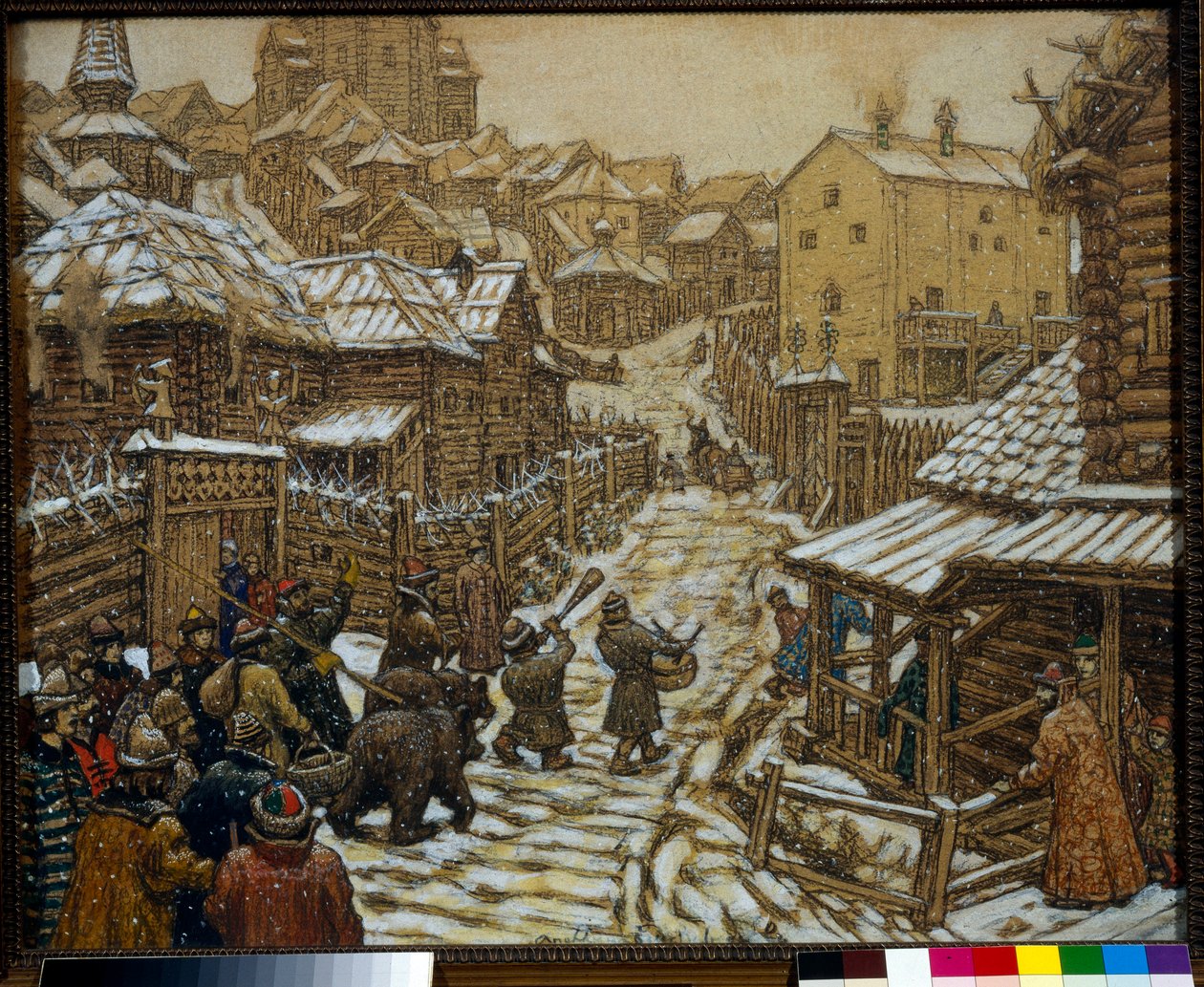 17. yüzyılda bir Moskova sokağında müzisyenler ve ayı eğitmenleri - Appolinari Mikhaylovich Vasnetsov