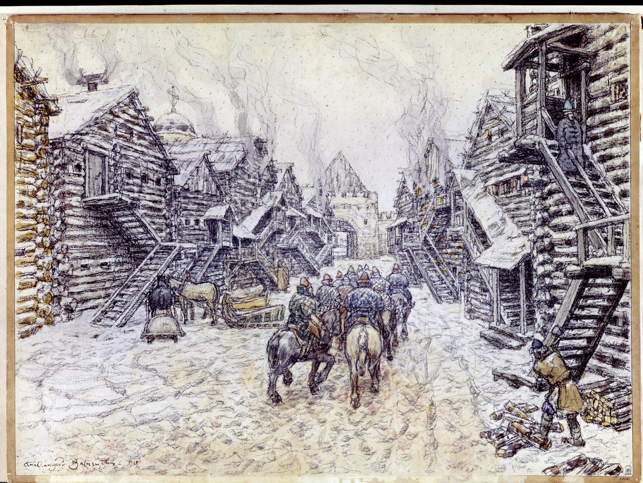 Eski Moskova. Kar altında geleneksel ahşap mimari. Appolinari Mikhaylovich Vasnetsov