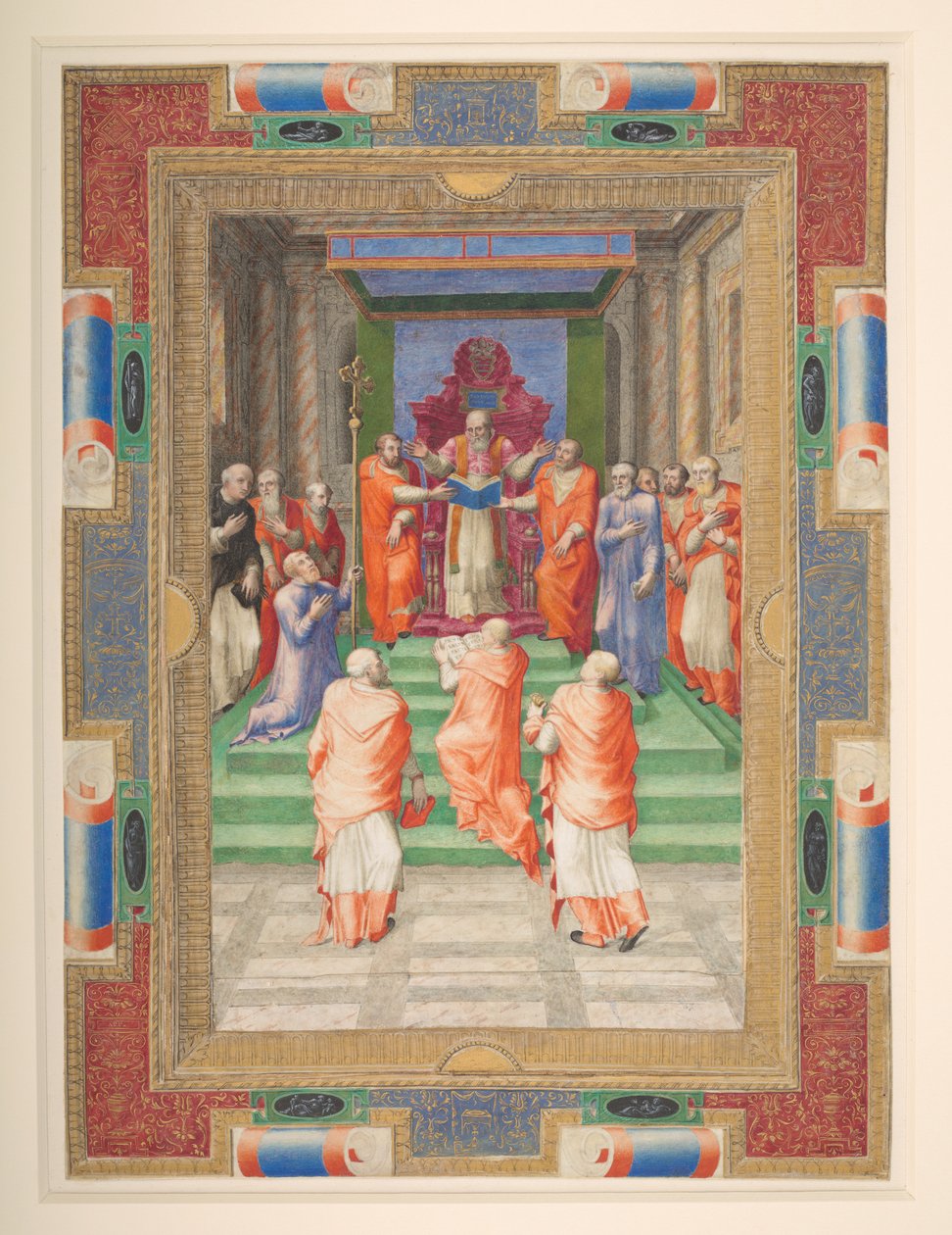 Papalık töreni, Paul IV papalık tahtının önünde duruyor, Add. MS 35254 Q, c.1555-59 (parşömen) by Apollonio di Bonfratelli