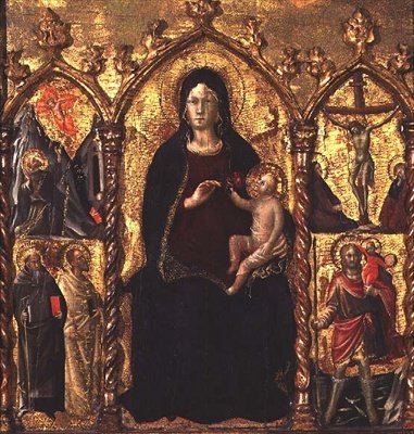 Üç Parçalı: Azizler ile Madonna ve Çocuk (orta panel) ve Çarmıha Gerilme sahnesi (panelde tempera) by Arcangelo di Cola da Camerino